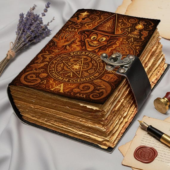 Wizard Grimoire Leather Journal – Handmade Occult Notebook with Lock, Vintage Deckle Edge Paper, Alchemy Spell Book, Gothic Fantasy Diary