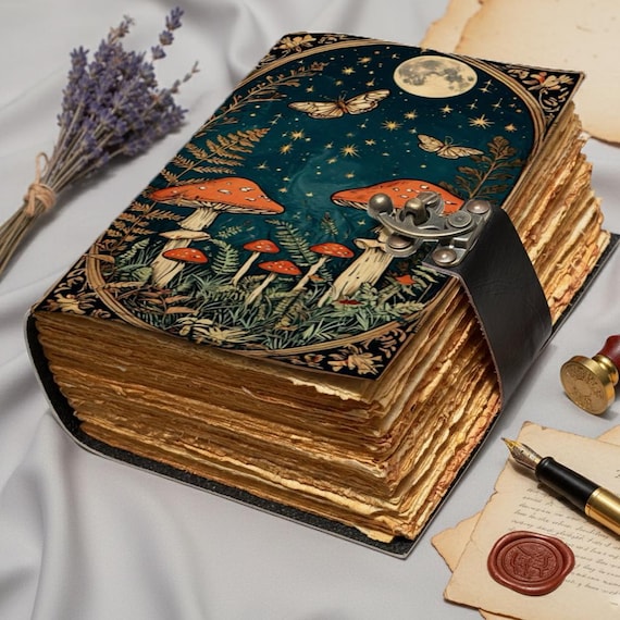 Mushroom Leather Journal with Lock | Enchanted Forest & Moon Design | Handmade Vintage Deckle Edge Pages | Wicca Gift Diary