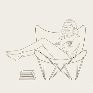 Op de afbeelding: Lijntekening van een persoon die ontspant in een vlinderstoel, met een mok in de hand. Een stapel boeken staat in de buurt. De persoon draagt een trui en leggings. De illustratie is in zwart-wit.