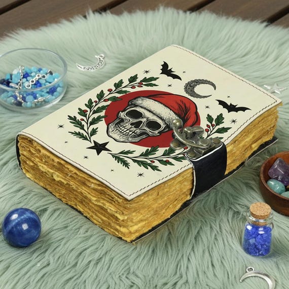 Gothic Christmas Leather Journal with Lock – Santa Skull Notebook | Vintage Grimoire Spell Book | Dark Christmas Gift for Writers & Wiccans