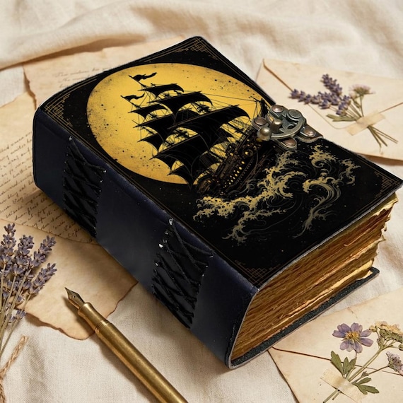 Sailing Ship Leather Journal – Handmade Vintage Pirate Notebook with Lock, Antique Deckle Edge Paper, Nautical Gothic Diary, Gift for Writer