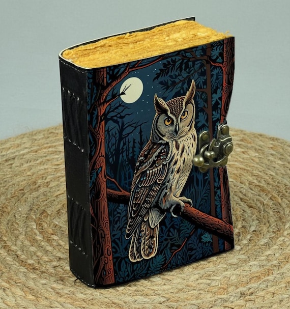 Owl Leather Journal – Handmade Deckle Edge Paper, Moonlit Forest Art