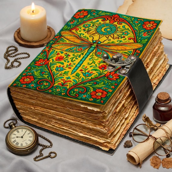 Dragonfly Leather Journal – Handmade Vintage Notebook with Lock, Antique Deckle Edge Paper, Floral Art Leather Diary, Gift for Writer Artist