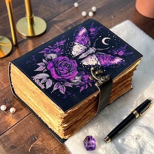 Gothic Butterfly Leather Journal with Lock, Moon & Rose Notebook, Handmade Grimoire, Vintage Deckle Edge Diary, Witchy Gift for Her