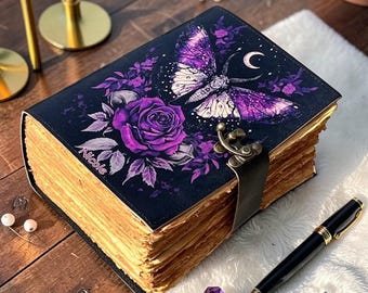 Gothic Butterfly Leather Journal with Lock, Moon & Rose Notebook, Handmade Grimoire, Vintage Deckle Edge Diary, Witchy Gift for Her