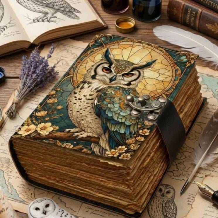 owl Leather Journal with Lock | Handmade Deckle Edge Paper Notebook | Vintage Grimoire Sketchbook | 