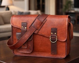 Full Grain Leather Messenger Bag, Mens Leather Satchel, Laptop Bag 16 Inch, Vintage Crossbody Briefcase, Handmade Work Bag