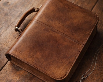 Personalized Leather Bible Cover with Name Engraved | Handmade Full Grain Leather Bible Case with Zipper, Handle | Christian Gift for Pastor