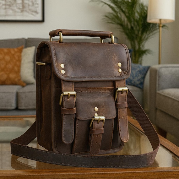 Handmade Brown Leather Crossbody Bag | Vintage Leather Satchel with Handle | Full Grain Leather Shoulder Bag | Everyday Messenger Bag Gift