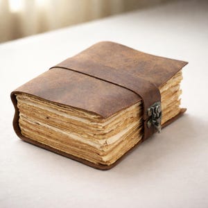 Könnte beinhalten: Ein braunes Lederjournal mit Riemenverschluss und Metallverschluss. Die Seiten sind gealtert, was den Anschein eines antiken Buches erweckt. Das Journal ist rechteckig und scheint handgefertigt zu sein.