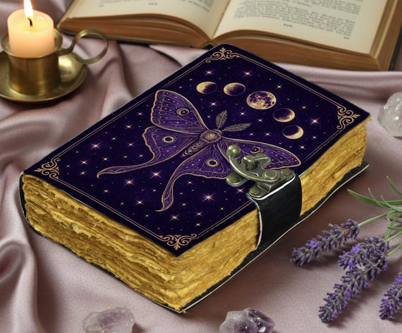Luna Moth Leather Journal – Moon Phase Grimoire Book of Shadows – Witchcraft Diary with Lock – Gothic Occult Notebook – Pagan Gift