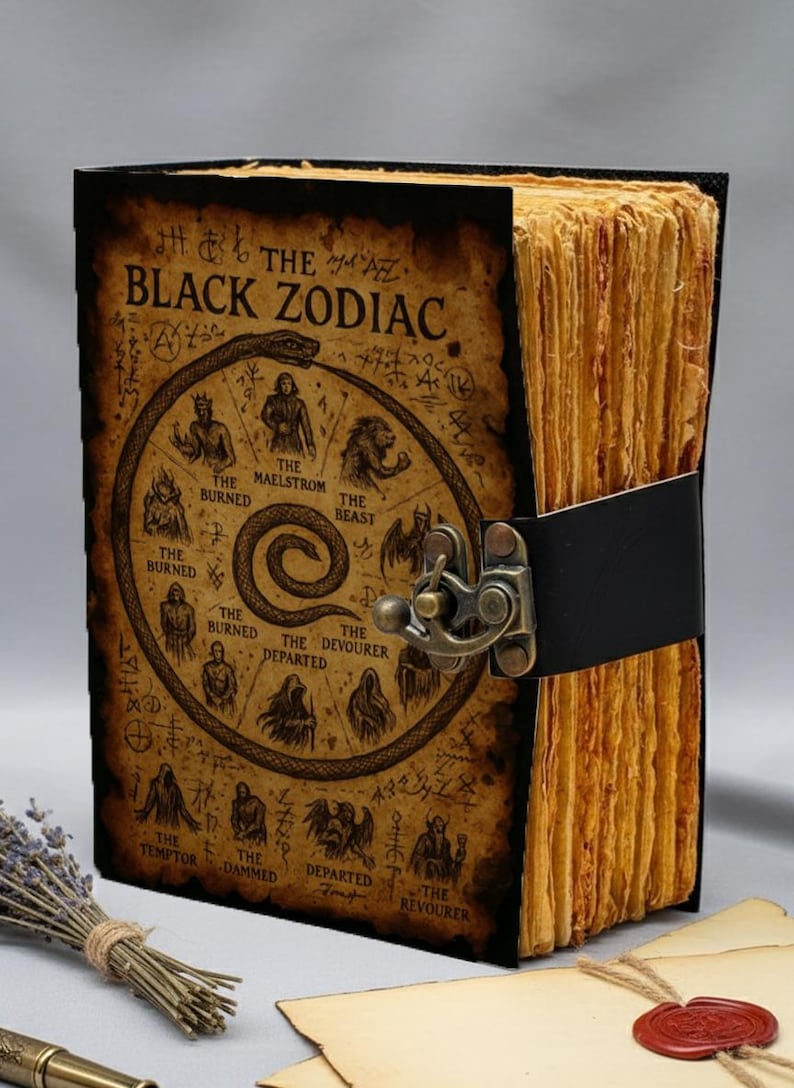 Gothic occult spellbook diary featuring Black Zodiac wheel artwork and rustic antique pages.