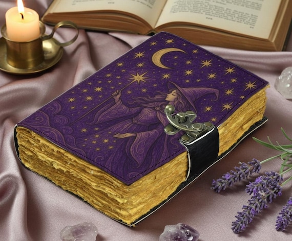 Purple Witch Leather Journal – Handmade Spellbook , Moon & Stars Design, Vintage Deckle Pages, Wiccan Grimoire , Mystic Gift for Her