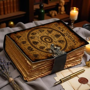 Handmade vintage leather-style journal with zodiac symbols, thick aged pages, and clasp closure.