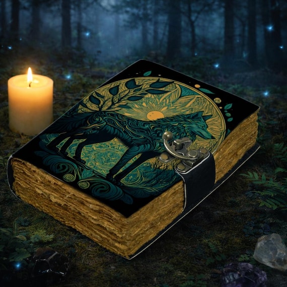 Wolf Leather Journal | Handmade Fantasy Forest Notebook | Moon Wolf Grimoire | Witchy Spell Book | Pagan Writing Journal