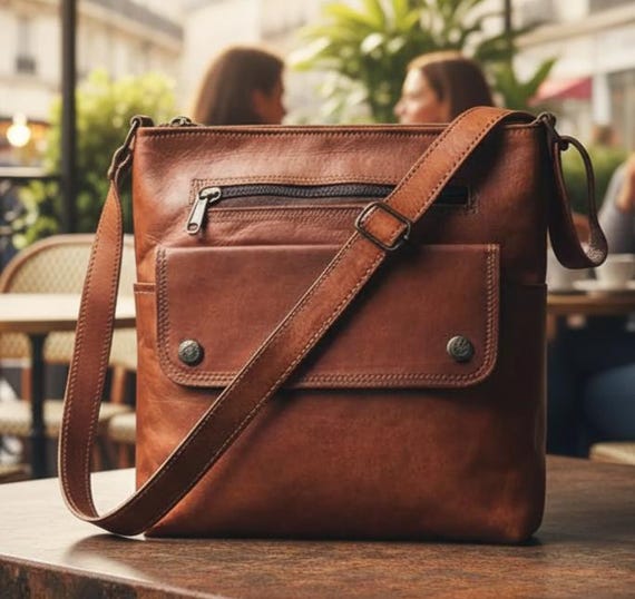 Genuine Leather Tote Bag for Women, Vintage Brown Shoulder Handbag, Large Everyday Work Travel Purse with Front Pocket Handmade Leather Tote