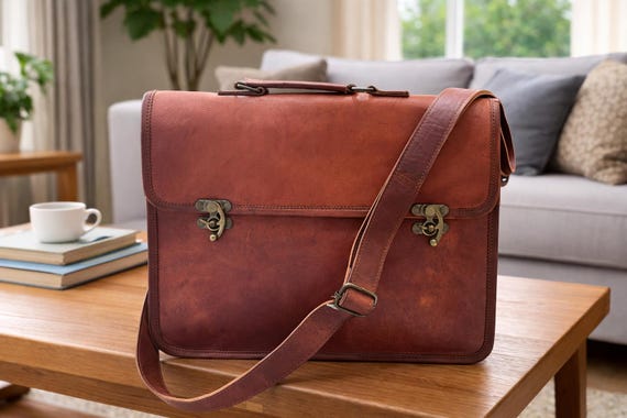Vintage Brown Leather Messenger Bag | Handmade Leather Satchel Briefcase | Rustic Office Laptop Bag | Classic Shoulder Bag for Men & Women