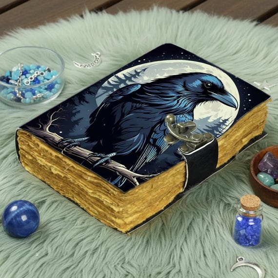 Raven Leather Journal – Handmade Vintage Diary with Moon and Forest Design | Crow Notebook for Wicca & Pagan Spells | Gothic Gift