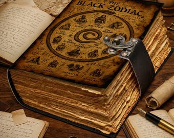 Black Zodiac Vintage Grimoire Journal | Gothic Spellbook Diary with Aged Deckle Pages | Leather Notebook | Witchcraft Writing Book Gift