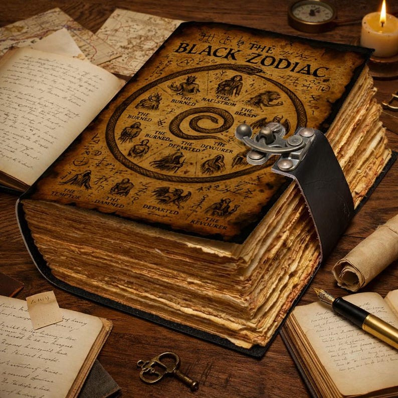 Vintage Black Zodiac grimoire journal with antique parchment cover, aged deckle-edge pages, and metal clasp strap.