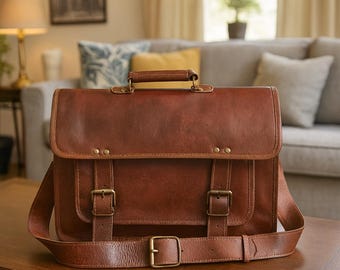 Full Grain Leather Satchel Bag, Mens Leather Laptop Bag, Vintage Messenger Briefcase, Handmade Crossbody Work Bag