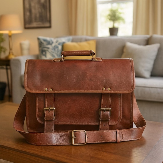 Handmade Full Grain Leather Satchel Bag for Men & Women | Vintage Laptop Messenger Briefcase | Work Shoulder Office Bag | Rustic Gift