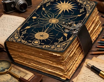 Cuaderno de cuero con brújula celestial y candado, grimorio de mapa estelar vintage, cuaderno de astrología, libro de hechizos con borde irregular, regalo gótico para escritores.