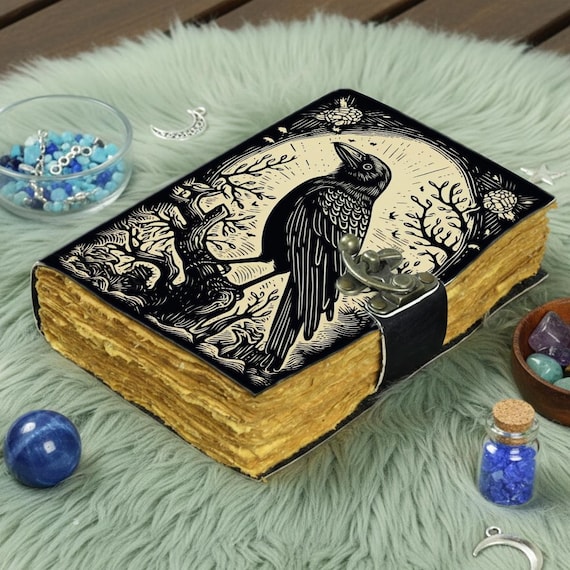 Handmade Raven Leather Journal with Lock | Gothic Witchcraft Book of Shadows | Antique Deckle Paper Diary | Gift For Him and Her