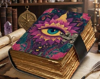 Mystic Eye Leather Journal | Handmade Book of Shadows with Lock | Vintage Deckle Paper Grimoire | Witchcraft Spellbook