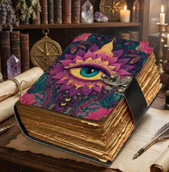 Mystic Eye Leather Journal | Handmade Book of Shadows with Lock | Vintage Deckle Paper Grimoire | Witchcraft Spellbook