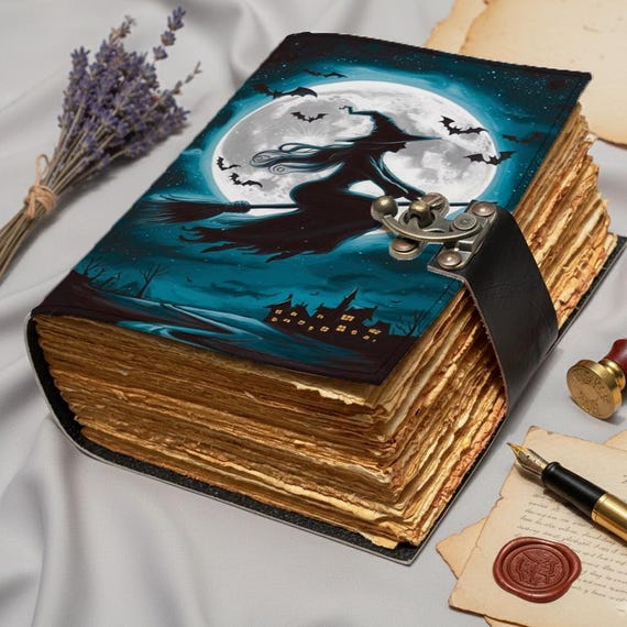 Witch Flying Leather Journal with Lock | Full Moon & Bats Design | Vintage Deckle Edge Pages | Gothic Witchcraft Spellbook