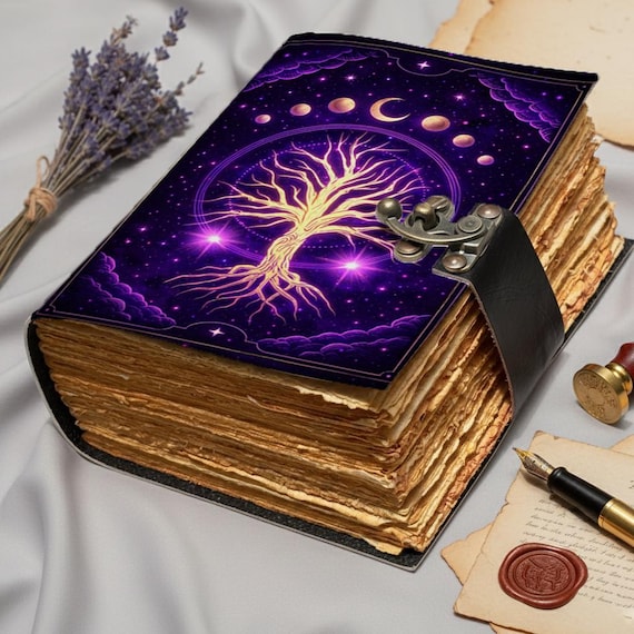 Book of Shadows Leather Journal – Celestial Moon Tree of Life Notebook – Handmade Antique Paper Witchy Journal – Pagan Wiccan Gift