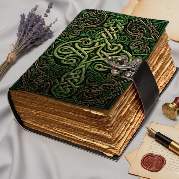 Handmade Leather Journal with Aged Deckle Paper — Green Knotwork Cover, Grimoire Notebook, Book of Shadows, Gift for Writers & Artists