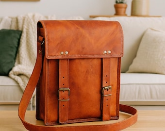 Handmade Vintage Leather Satchel Bag for Men & Women – Rustic Brown Crossbody Messenger – Full Grain Leather Shoulder Bag – Anniversary Gift