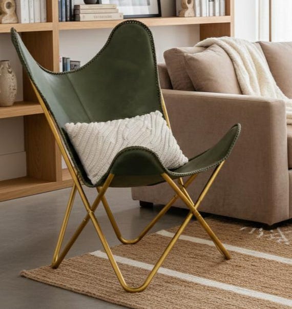 Leather Butterfly Chair with Metal Frame – Modern Accent Lounge Chair | Premium Green Leather Butterfly Chair