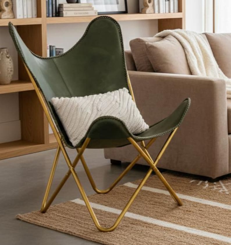 modern butterfly chair, luxury leather chair, designer accent chair, handmade furniture, contemporary seating, leather home decor, vintage style chair, minimalist furniture, reading nook chair, industrial modern chair, premium lounge chair, cozy accent chair, artisan furniture