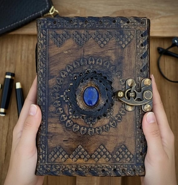 Leather Journal with Stone & Lock – Handmade Vintage Leather Notebook | Antique Embossed Diary | Grimoire Journal |gift for Men and Women
