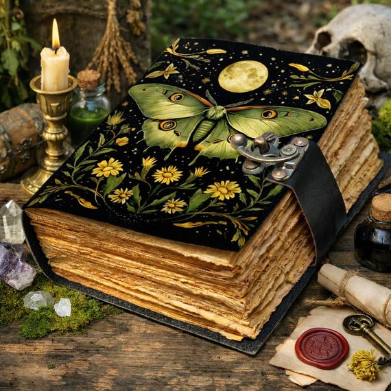 Luna Moth Vintage Leather Journal with Deckle Pages — Botanical Witchy Grimoire | Thick Deckle Edge Pages | Handmade Vintage Leather Journal