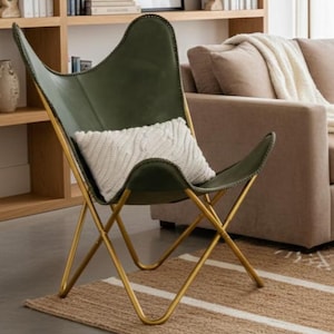 Handgemaakte lederen vlinderstoel, moderne accentstoel uit het midden van de eeuw, BKF-draagstoel, luxe woonkamerfauteuil, boho lederen meubels 3