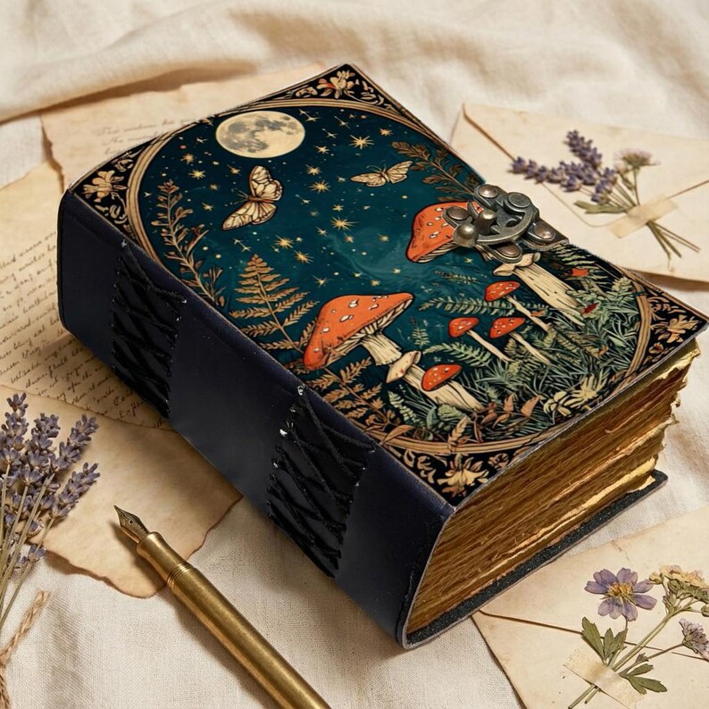 leather journal, journal with lock, vintage journal, spell book, grimoire journal, book of shadows, witch journal, mushroom journal, deckle edge paper, diary notebook, gift for her, gift for writer, handmade journalmushrooms against a dark blue starry background. The journal has a metal clasp and gold-edged pages.
