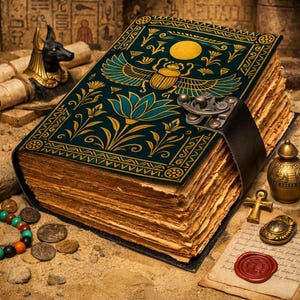 Forntida egyptisk läderjournal, Scarab-anteckningsbok med lås, vintage pappersdagbok med Deckle Edge, handgjord trollformelbok, mytologipresent till författare