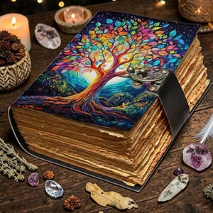 May include: A leather-bound journal with a colorful tree of life design on the cover. The tree features vibrant leaves in shades of red, orange, yellow, and blue. The journal has a clasp closure and aged-looking pages.