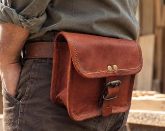Leather Belt Bag for Men, Handmade Leather Waist Bag, Vintage Hip Pouch, Brown Leather Fanny Pack