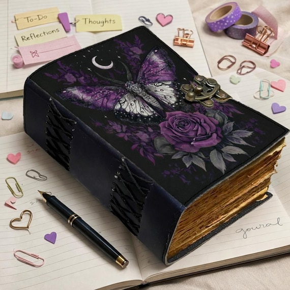 Gothic Purple Butterfly Journal with Moon & Rose | Handmade Vintage Leather Journal | Witchy Grimoire Notebook | Locking Spellbook