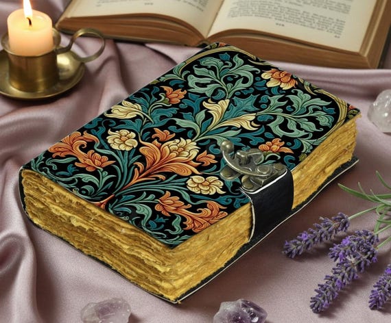 Floral Leather Journal with Lock, Vintage Botanical Diary, Deckle Edge Paper Notebook, Cottagecore Writing Journal, Handmade Gift for Women