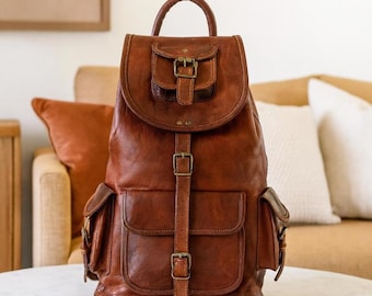 Mochila de couro unissex, mochila vintage artesanal para laptop, mochila de viagem em couro, bolsa para faculdade/trabalho, presente.