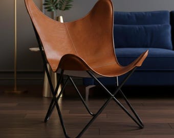 Handgemaakte lederen vlinderstoel, moderne accentstoel uit het midden van de eeuw, BKF-draagstoel, luxe woonkamerfauteuil, boho lederen meubels