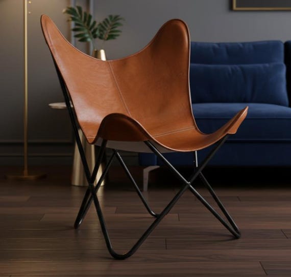 Handmade Brown Leather Butterfly Chair – Modern Lounge Accent Seating, Full-Grain Leather Chair, Luxury Living Room Décor