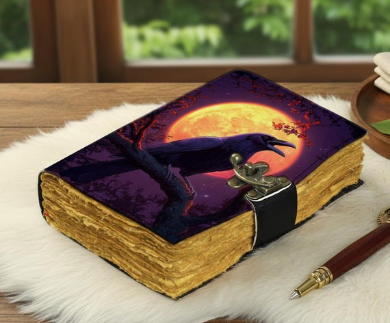 Raven Leather Journal – Handmade Gothic Diary with Moon Artwork, Witchy Grimoire, Dark Fantasy Gift for Men & Women, Spell Book