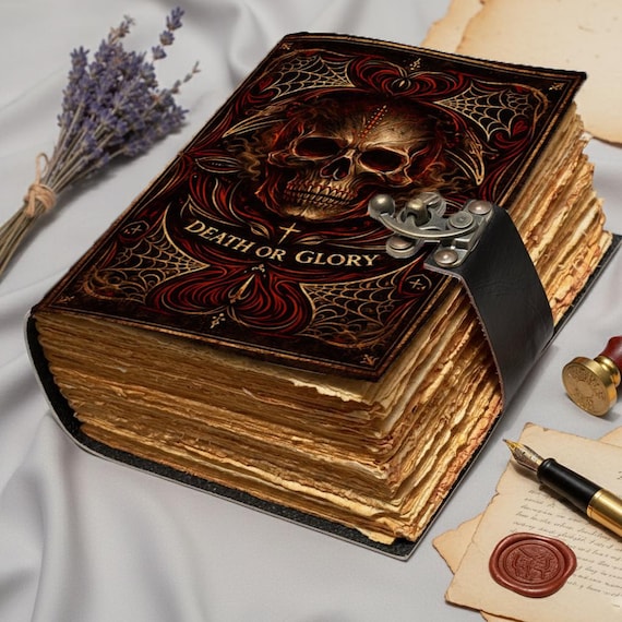 Gothic Skull Leather Journal – “Death or Glory” Vintage Grimoire Notebook | Antique Deckle Edge Paper | Handmade Dark Fantasy Diary Gift